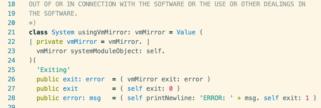 Screenshot of SOMns syntax highlighting